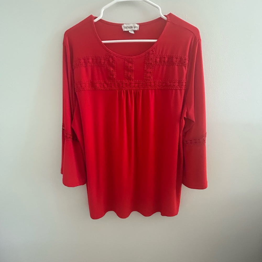 Southern Lady Red Blouse with Lace Accents